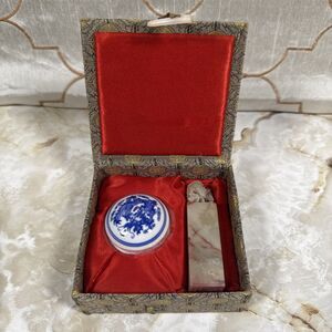 Vintage Chinese Hand Carved Stone Seal & Dragon Motif Porcelain Ink Pad Used
